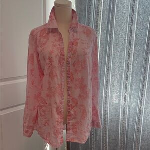Pink Linen Button-Up Shirt cynthia rowley tropical floral large L euc 8103fl